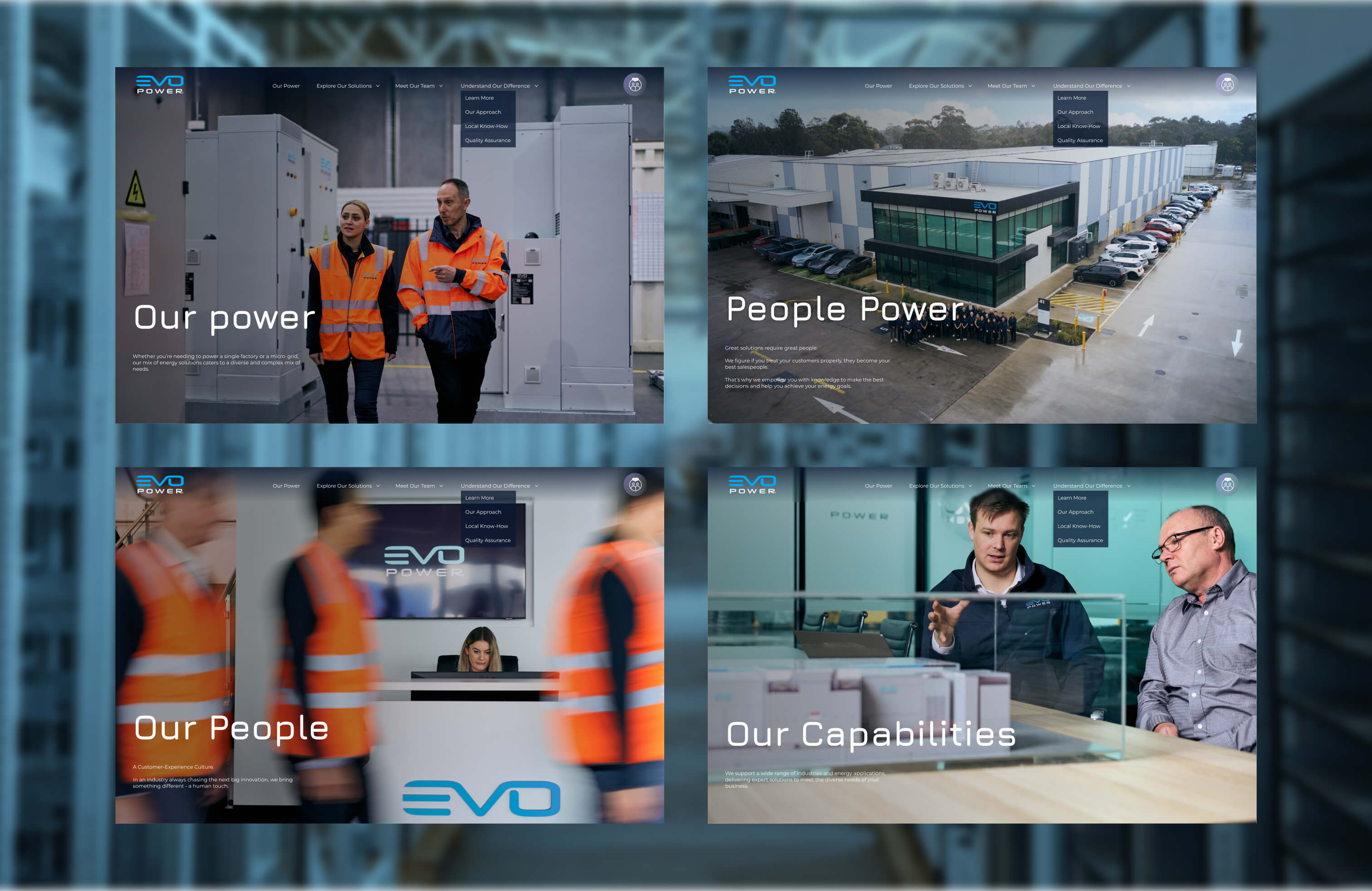 Four screenshots from pages on the EVO Power website showcasing the people-focused imagery required in the designs.