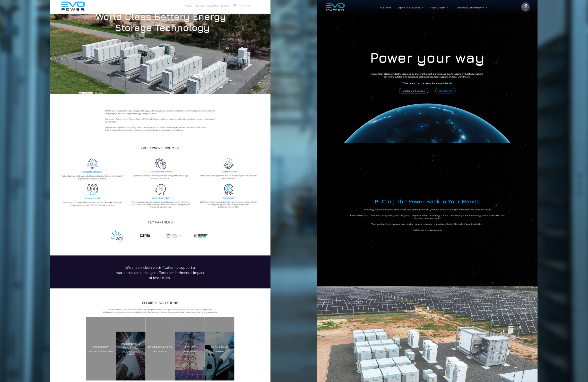 Two screenshots of the EVO Power home page before and after the redesign.