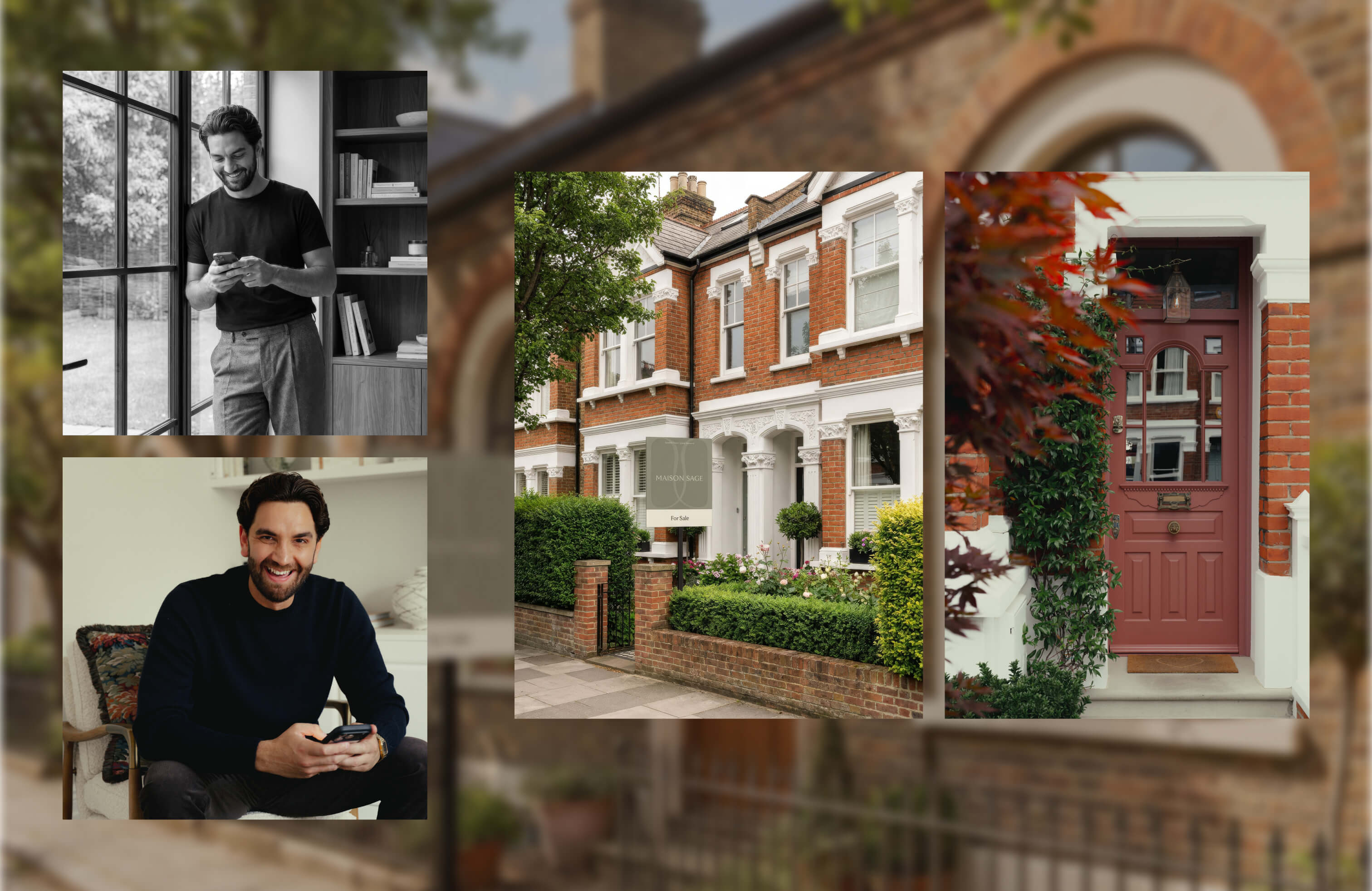 An AI-generated image of Julian Masson next to an image taken during the brand shoot. Next to them is an AI-generated image of a house front-door and one taken during the brand shoot.