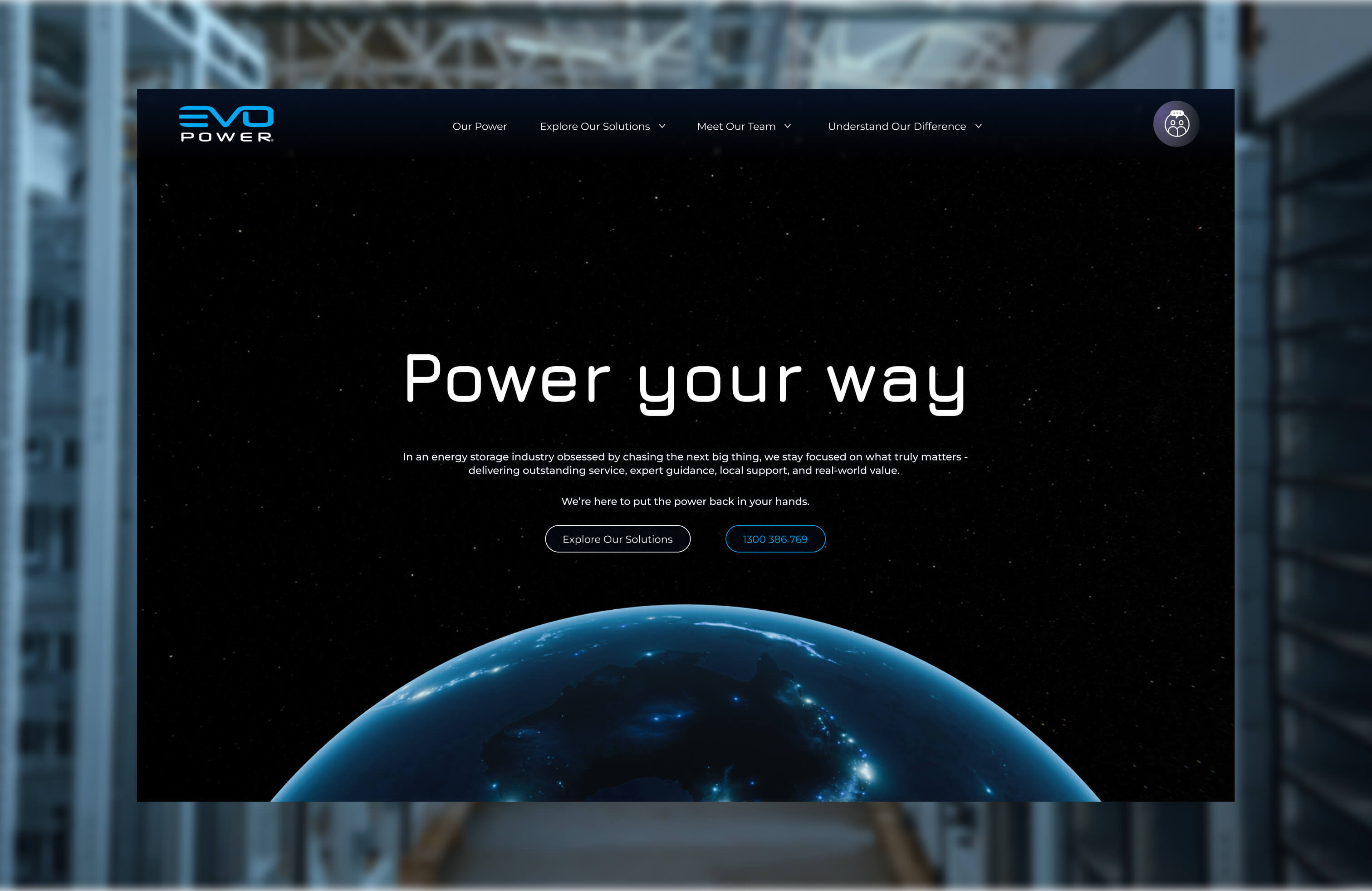 A screenshoot of the EVO Power home page set against blurred background image of a corridor of large energy storage batteries.
